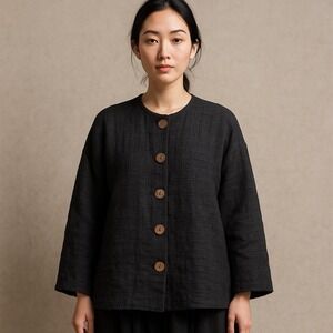 Artisan Textured Black Jacket Coconut Buttons Japanese Minimalist Women's M/L